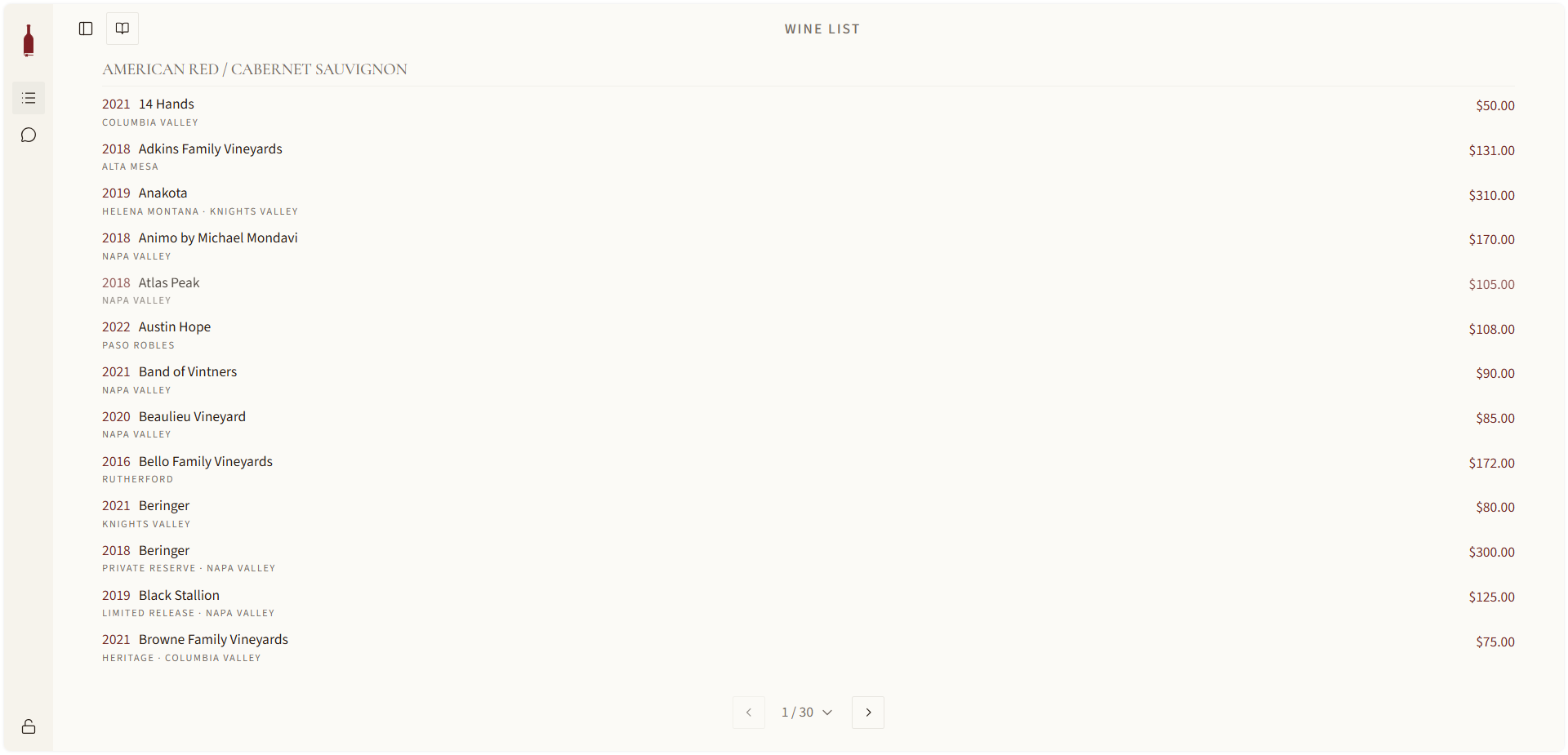 Pourbook wine list showing vintages, regions, and prices